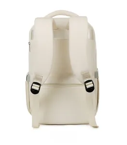 Detailed back view of cream travel backpack featuring wide straps and hidden anti-theft pocket