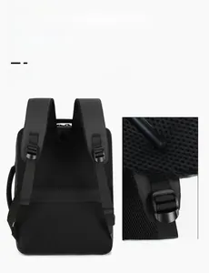 Detail of breathable honeycomb mesh back and adjustable padded straps on black backpack