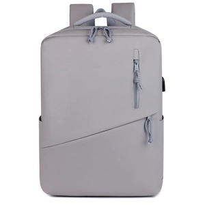 Front detail of light grey waterproof laptop backpack with diagonal stitch and hidden pocket