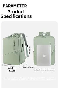 Detailed dimensions of pea green laptop backpack 46x32x18cm with USB port and padding