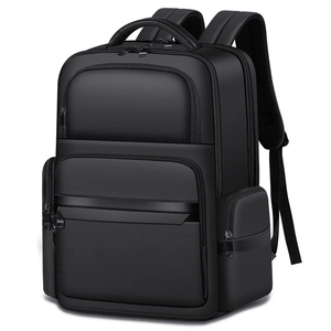 Large capacity black business travel backpack with durable fabric and leather handle