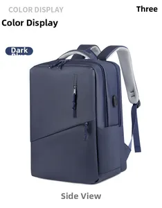 Dark blue laptop backpack with USB port and multiple zippered storage compartments