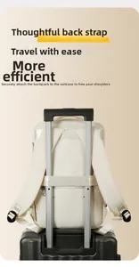 Travel backpack featuring a luggage strap for secure attachment to suitcase handles