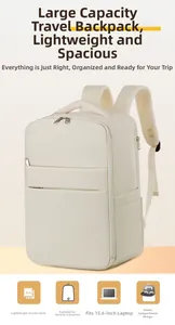 Detail view of large travel backpack showing a 15.6 inch laptop compartment and compartments