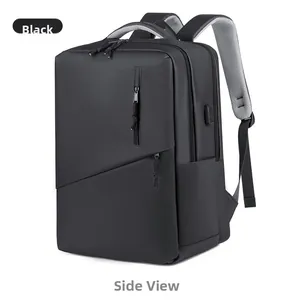 Detail view of the black laptop backpack featuring an external USB charging port