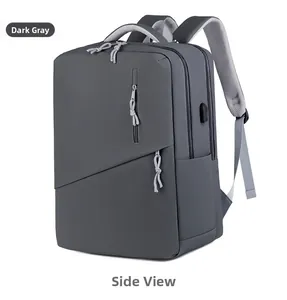 Dark gray laptop backpack with waterproof fabric, side pockets and external USB port