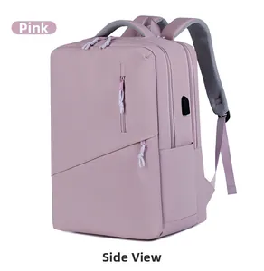 Pink waterproof laptop backpack side view with USB port and multiple compartments