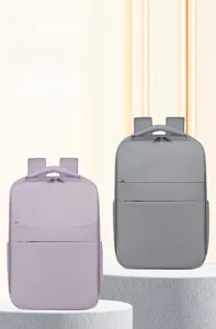 Detail view of lightweight minimalist travel backpacks in lavender and grey colors