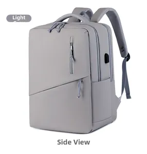 Detail of light grey waterproof laptop backpack with side USB charging port