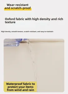 Close-up of waterproof Oxford fabric showing water droplets sliding off the backpack
