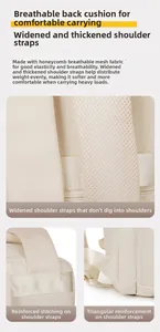 Detail of breathable honeycomb mesh back and reinforced stitching on cream travel backpack