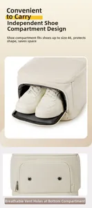 Travel backpack detail showing independent bottom shoe compartment with dual air vents