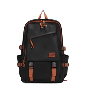 Großer schwarzer Outdoor Rucksack mit karamellfarbenen Webgurten und Schnallenverschluss