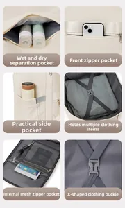 Detailed views of travel backpack featuring wet-dry separation and X-shaped straps