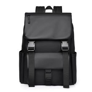 Minimalist black waterproof business backpack with dual buckle straps and side pockets