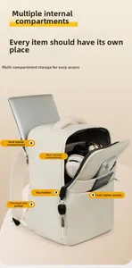 Interior layout of cream travel backpack showing laptop compartment and key clip