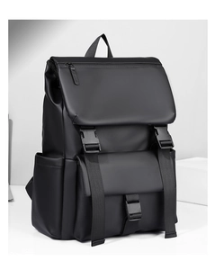 Detail of waterproof matte black backpack with flap cover and plastic buckle closure
