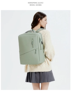 Mint green slim business backpack with ergonomic straps worn by model against a white background