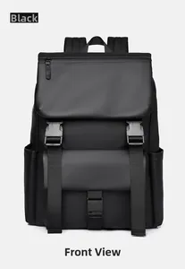 Front view of black minimalist multi-functional backpack with waterproof matte finish