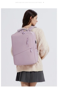 Lavender laptop backpack with USB port shown on a model for casual commute and travel