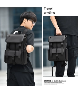 Detail of travel backpack showing buckle closure, side pockets, and waterproof matte finish