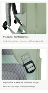Detail of reinforced shoulder strap stitching and adjustable buckle on the green laptop bag