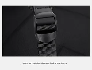 Detail of durable black buckle and adjustable nylon strap on ergonomic backpack