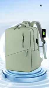Detail of light green laptop backpack with external USB charging port and oxford fabric