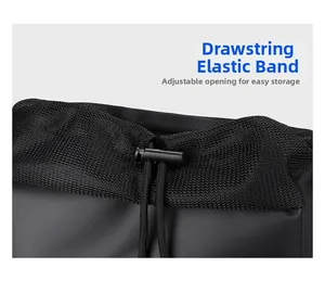 Detail of adjustable drawstring closure with breathable mesh fabric on black backpack