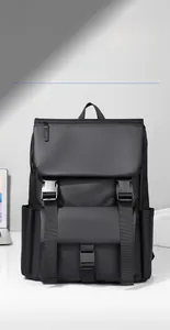 Detail of durable black waterproof backpack with matte finish and dual buckle straps