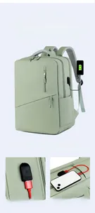 Green business backpack detail showing the external USB charging port and zipper design