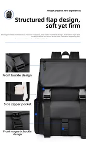 Detail view of buckles, magnetic closure, and side water bottle pocket on black backpack