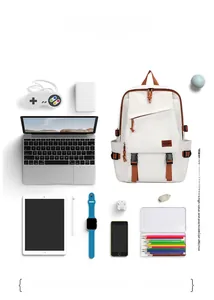 Flachbild eines weißen Canvas-Rucksacks mit großer Kapazität für Laptop und Zubehör