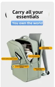 Detailed internal view of light green laptop backpack showing multi-compartment storage