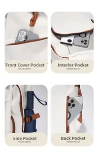 Detailansicht der Funktionstaschen und des großen Stauraums des beigen Canvas-Rucksacks
