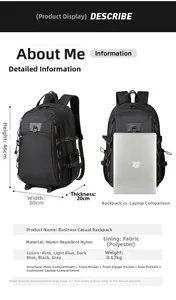 Water-repellent nylon backpack size guide 46x30x20cm with laptop compartment