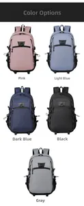 Detailed color options for outdoor travel backpacks in pink, blue, black, and grey