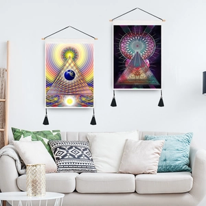 Modern Nordic wall tapestries with sun, moon, and geometric mandala patterns and tassels
