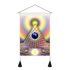 Celestial tapestry with earth and pyramid patterns featuring wooden rod and black tassels