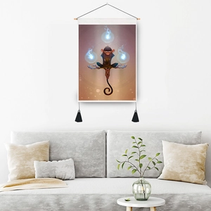 Nordic wall hanging tapestry featuring meditating monkey art with tassels for living room