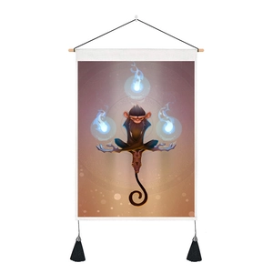Vertical canvas wall art with meditating monkey design and wooden hanging rod