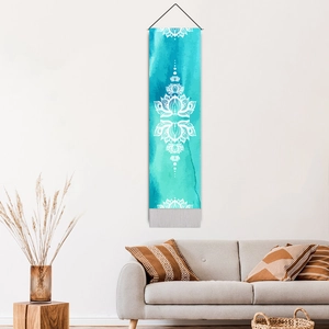 Vertical lotus mandala tapestry with watercolor teal gradient and tassel decorations