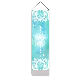 Zen style long lotus wall scroll with teal watercolor wash and white mandala pattern