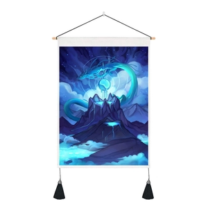 Vertical blue dragon wall art scroll with wooden frame for minimalist living room decor
