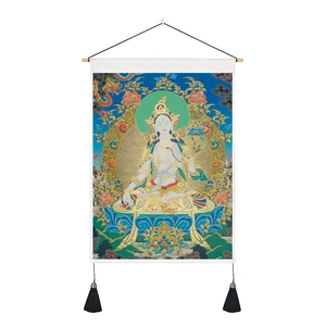 Detailed White Tara Thangka wall hanging with vibrant colors, wooden rod, and black tassels