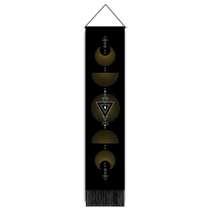 Modern minimalist moon phase tapestry with black fabric and gold geometric lunar print