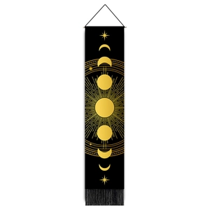 Minimalist moon phase wall tapestry with golden eclipse graphics and black tassels