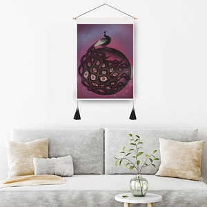 Fantasy peacock tapestry wall art with wood hanger and black tassels for bedroom decor
