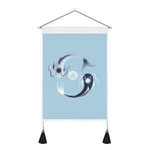 Yin Yang Koi Fish Wall Tapestry with wooden scroll and black tassels for home decor