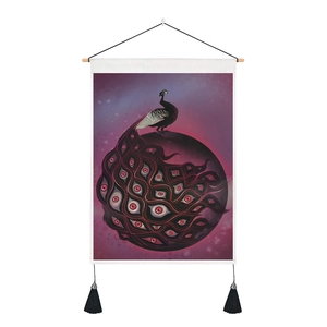 Detail of Yin Yang fish dragon tapestry with black peacock and mystical eye pattern